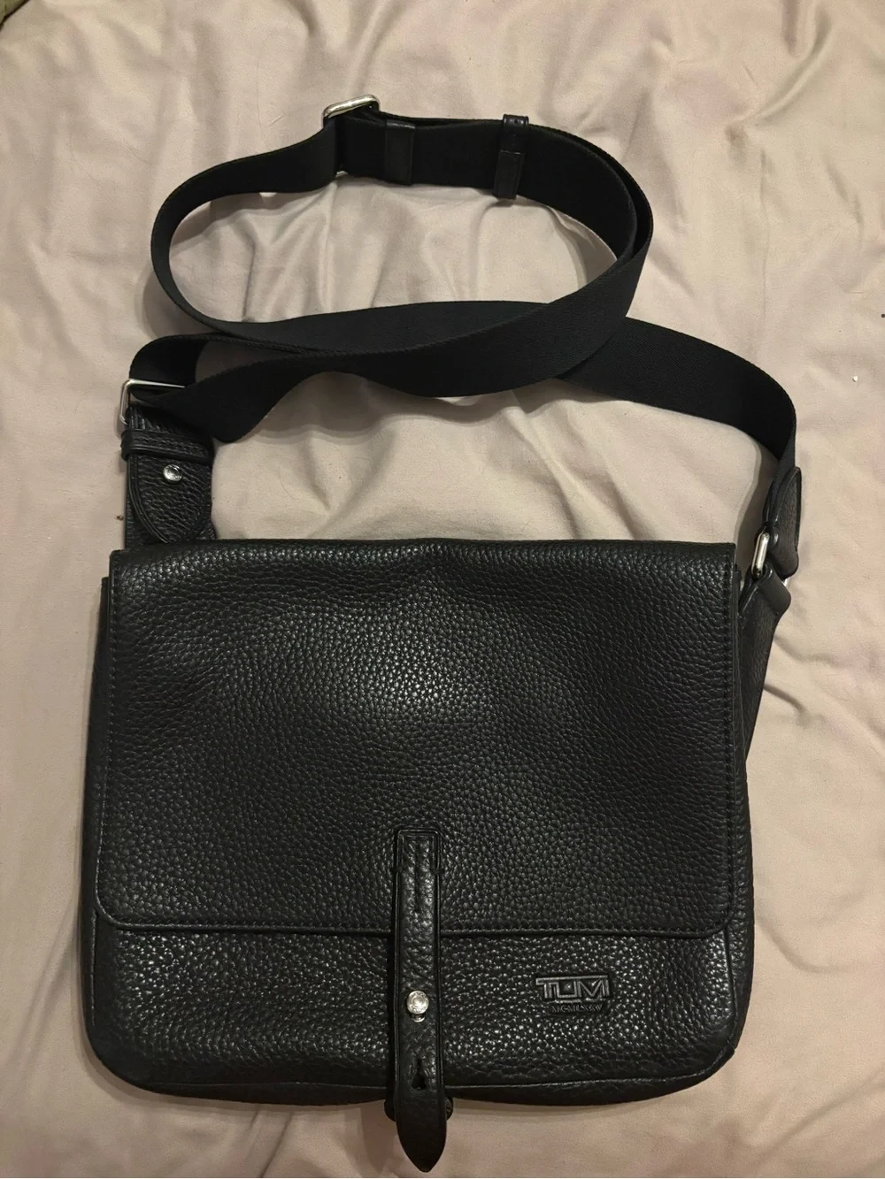 Tumi Black Pebbled Leather Messenger Crossbody Bag